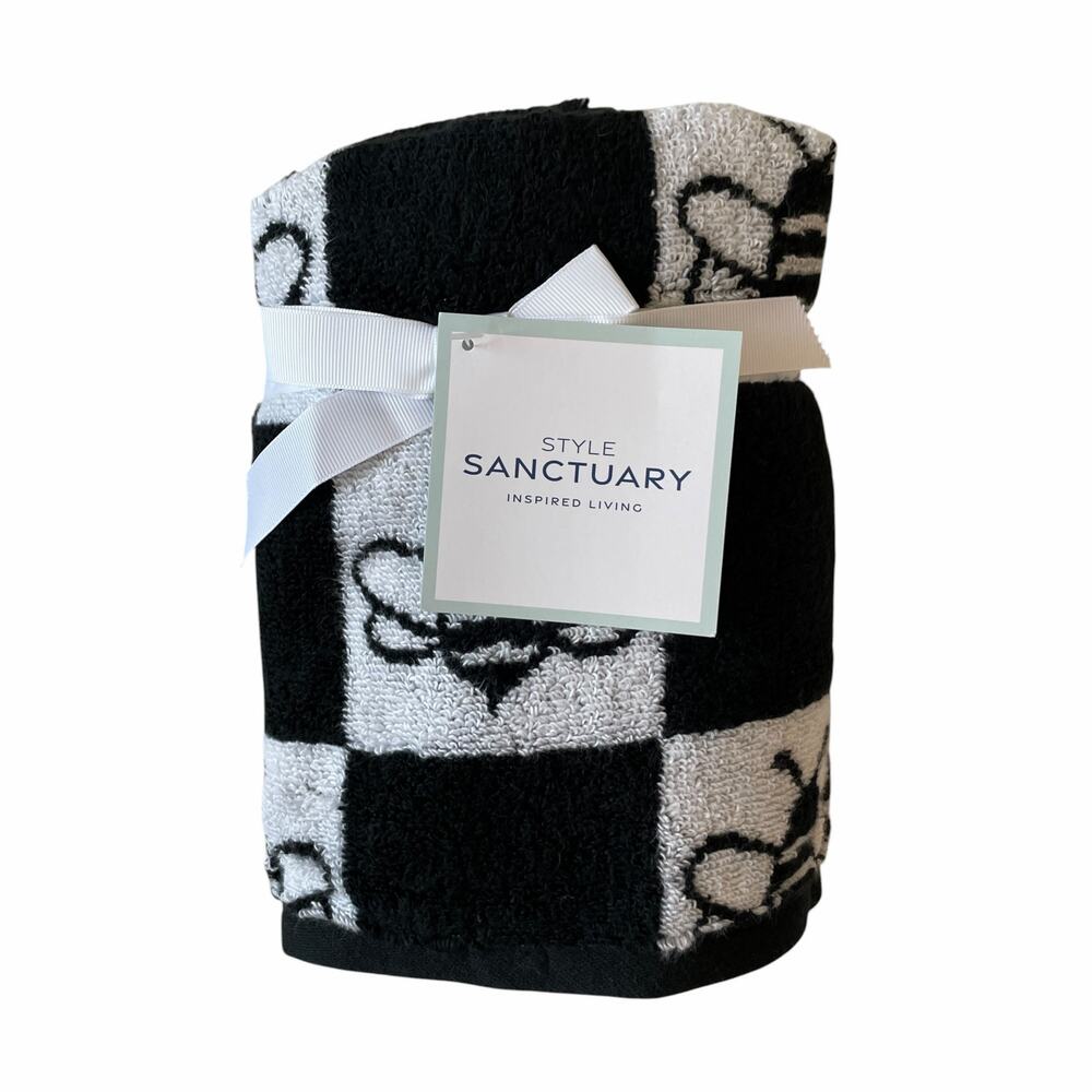 Chic Black & White Checkered BEE Hand Towel Set of 2 100% Cotton